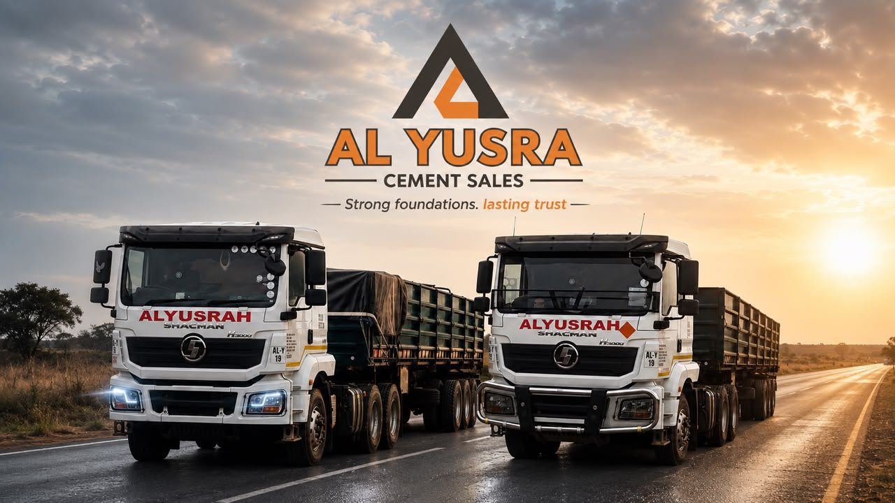 Al Yusra Sinoma trucks on the road at sunrise